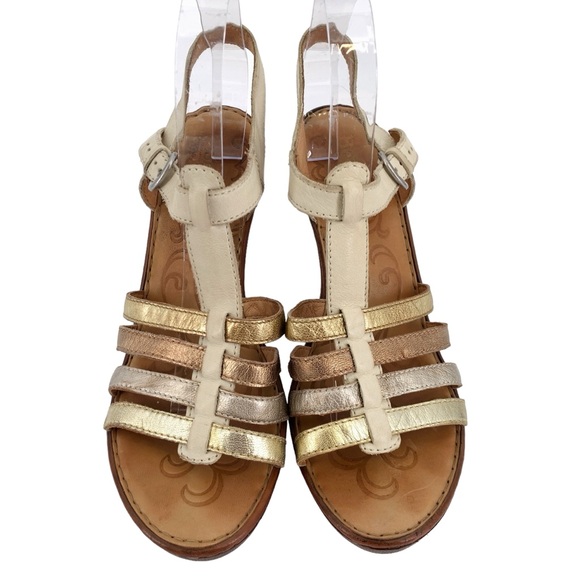 Born Sandal High Heels Womens Gold Brown Metallic Leather Strappy buckle sz 11 - Picture 3 of 9